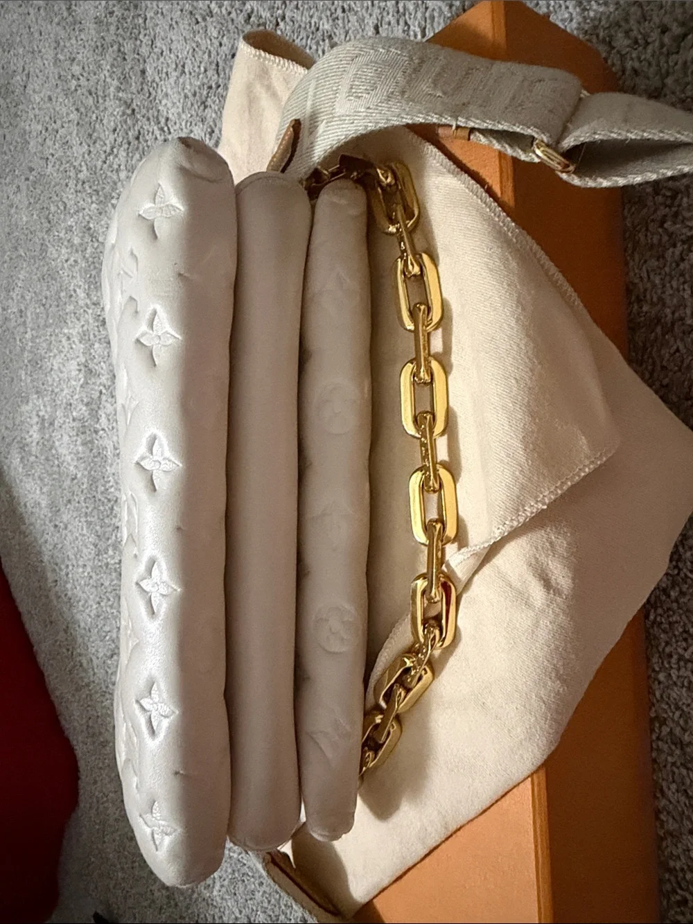Louis Vuitton Cream Coussin PM Crossbody Bag with Gold Chain & adjustable strap